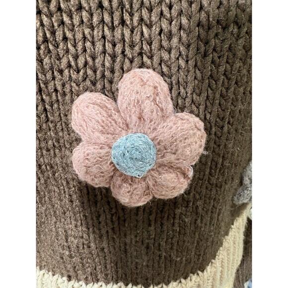 Luna Ivy Sweater Womens Size M Brown Chunky Knit Floral Applique Mock Neck - Picture 4 of 12